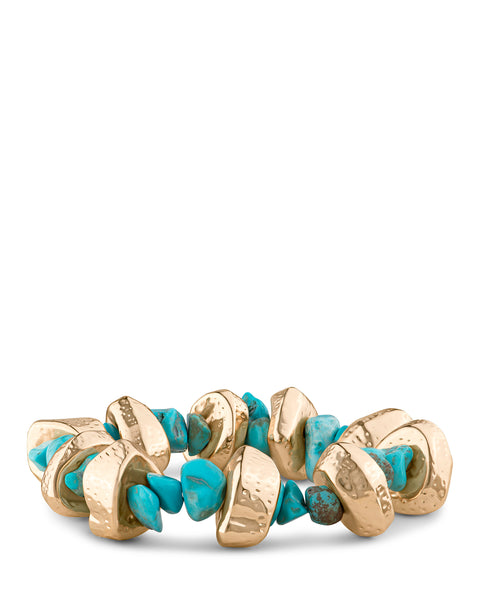Turquoise Bead & Hammered Gold Stretch Bracelet