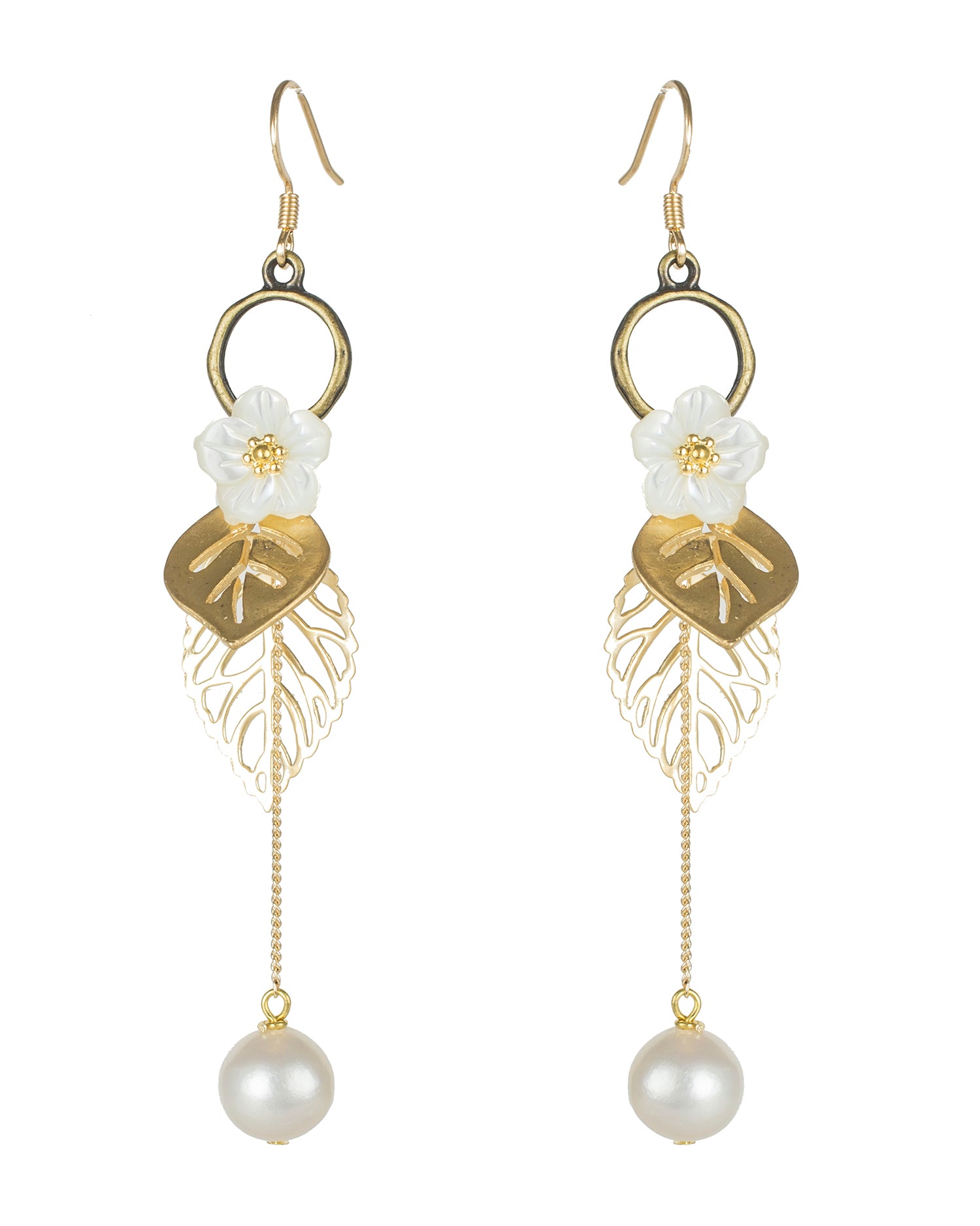 Pearl and Leaf Drop Earrings