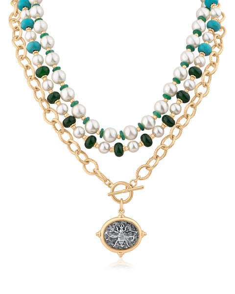Faux Pearl & Stone Beaded Toggle Charm Necklace