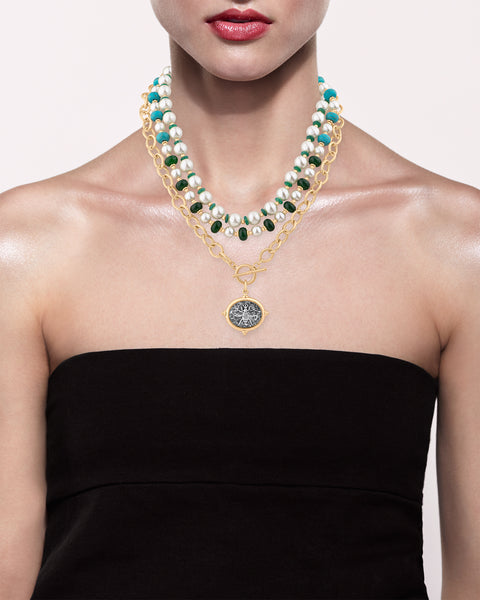 Faux Pearl & Stone Beaded Toggle Charm Necklace
