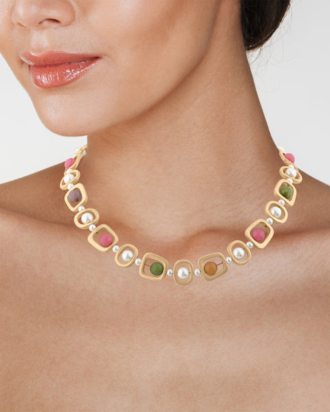 Organic Faux Pearl & Gemstone Statement Necklace