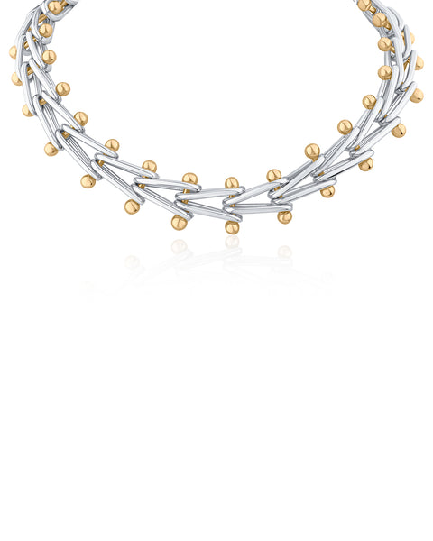 Two Tone V Link Double Ball Necklace