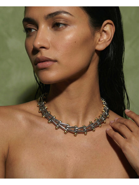 Two Tone V Link Double Ball Necklace
