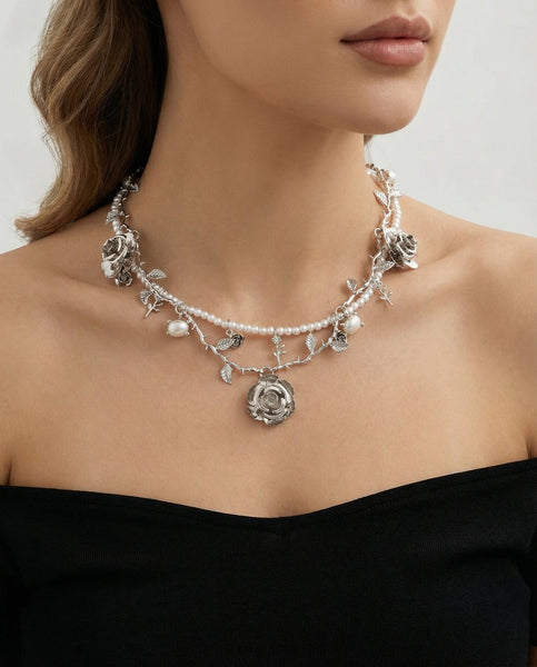 Set of 2 Faux Pearl & Rose Vine Necklaces