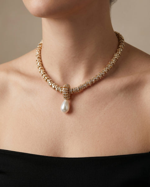 Crystal Rondelle Pearl Drop Pendant Necklace