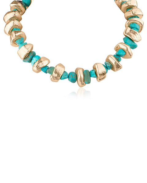 Turquoise Bead & Hammered Gold Statement Necklace