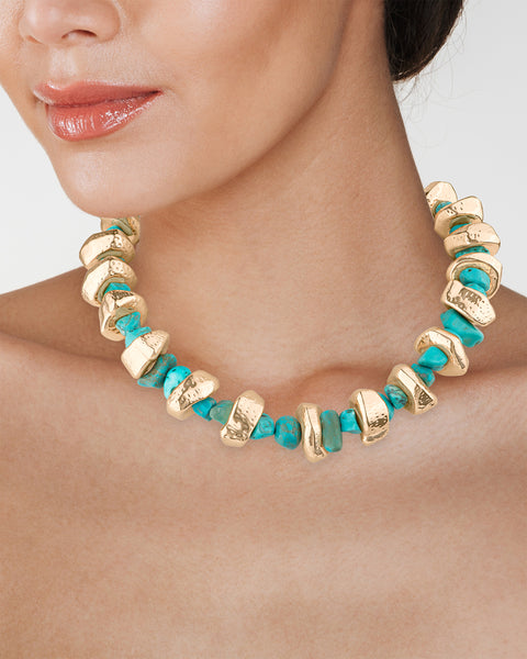 Turquoise Bead & Hammered Gold Statement Necklace
