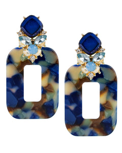 Blue Marble Resin and Crystal Earrings