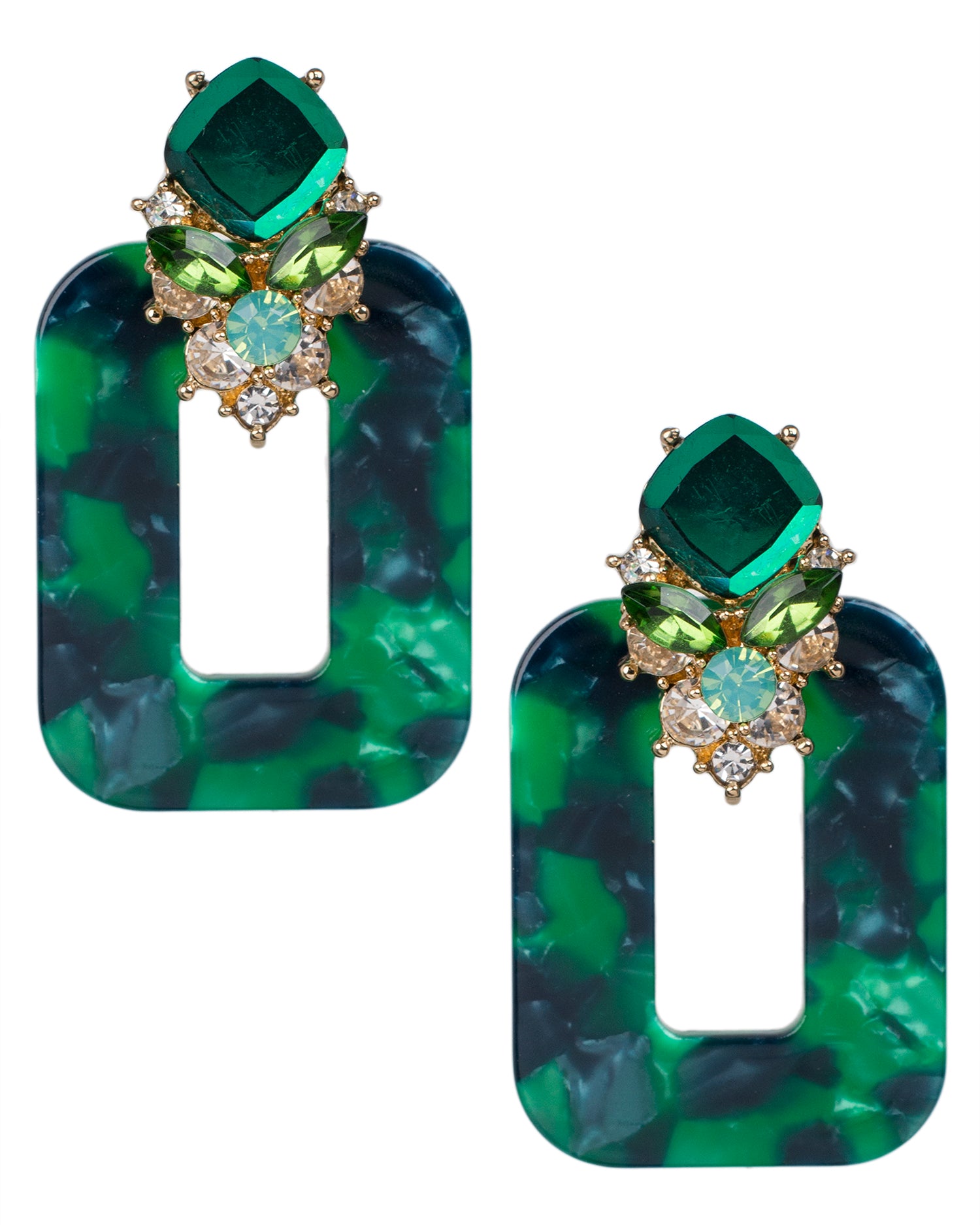 Green Marble Resin and Crystal Earrings